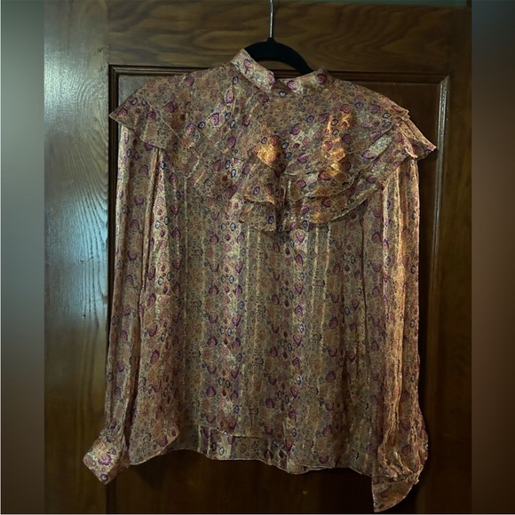 Vintage Adrianna Papell Ruffle Floral Blouse and Skirt Set Silk Size 10 Metallic - Picture 3 of 7